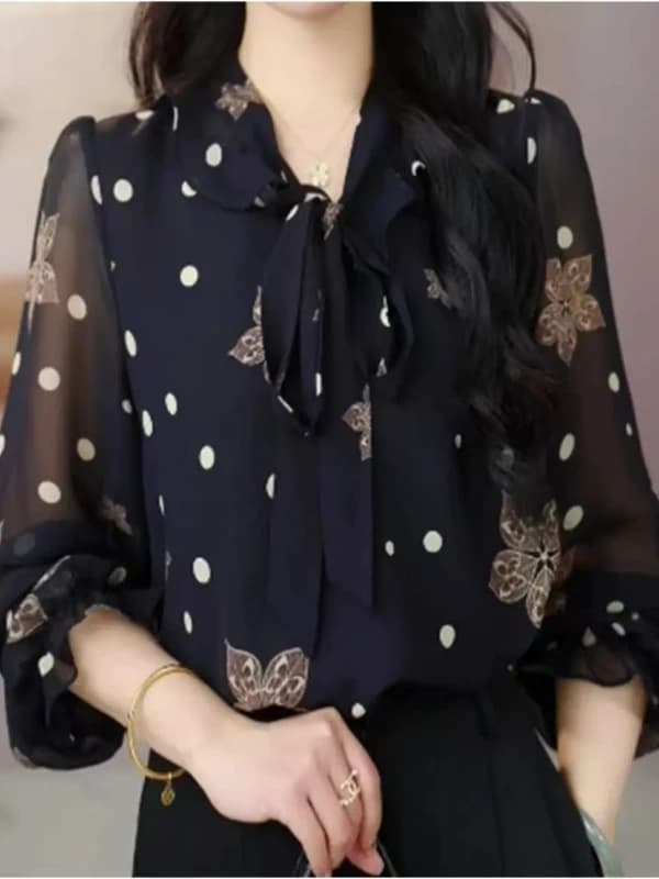 Summer 2025 New Polka Dot Print Flounce Top Slimming Loose Mom Shirt Age Reducing Chiffon Blouse Commute Style V-neck Long Sl...