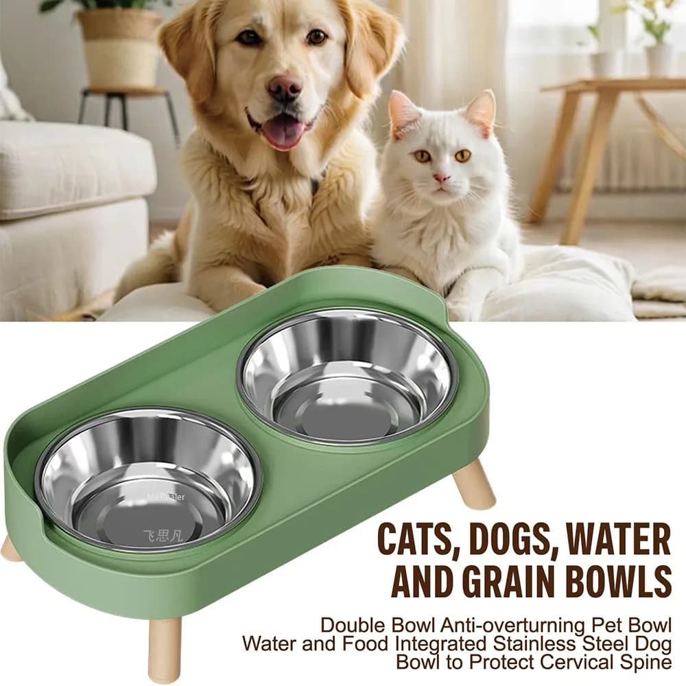 Neck‑Friendly Elevated Pet Double Bowl Stainless Steel Non‑Slip Food Water Feeding Bowl for Cats and Small Dogs Use