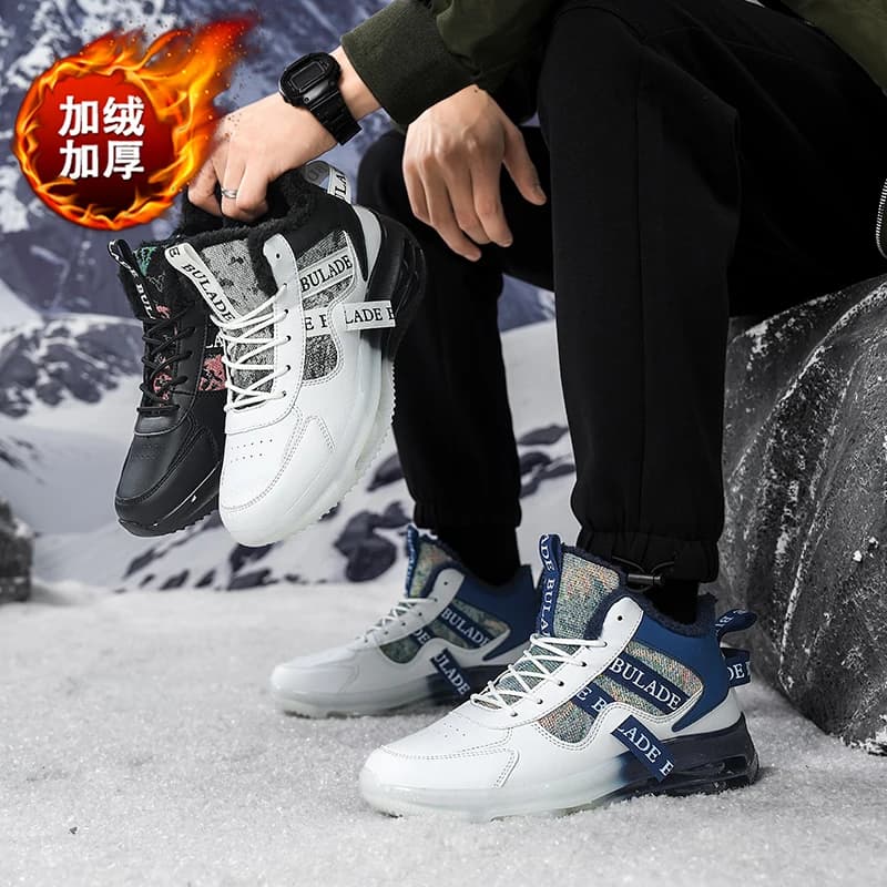 Men Warm Fleece Lined High Top Sneakers Lace Patchwork Cushion Sole Lightweight Fashion Autumn Winter Outdoor Casual Ankle Shoes
