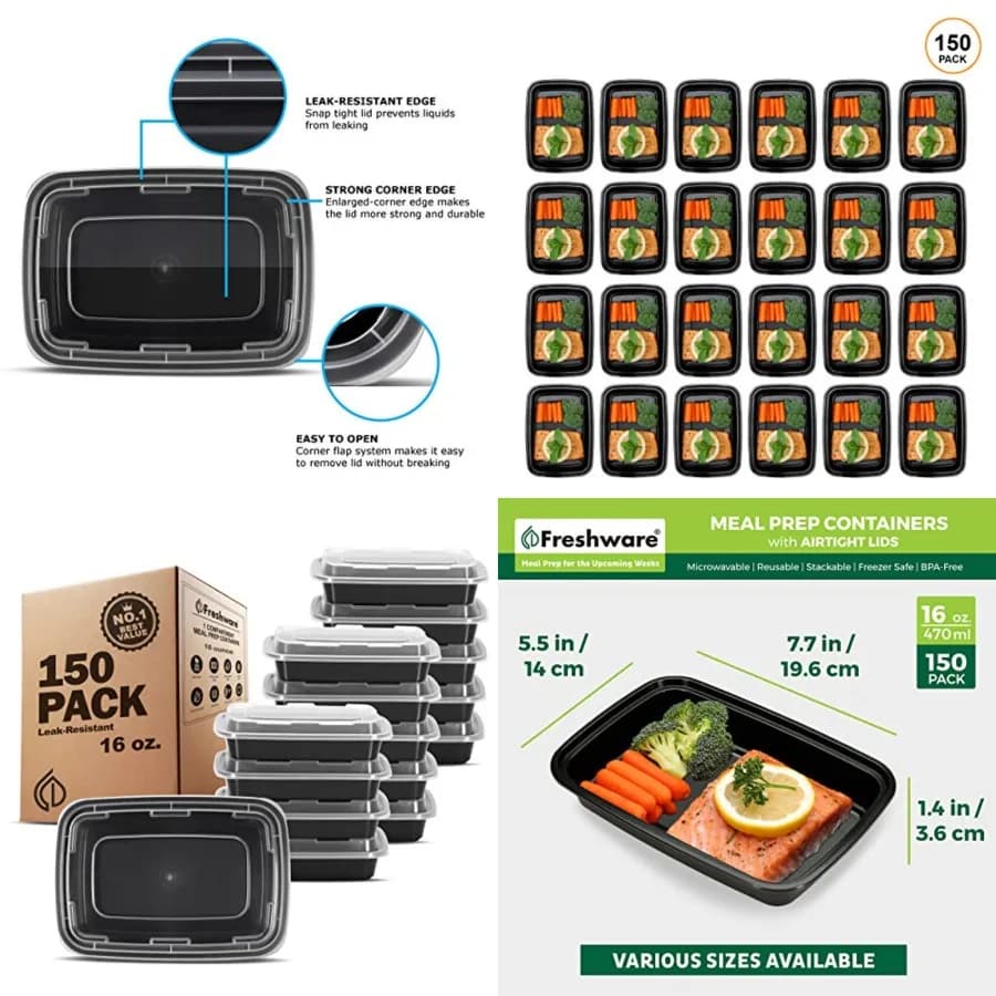 Contenitori per la preparazione dei pasti, contenitori per alimenti a 1 scomparto con coperchi, Bento Box, senza BPA, impilabili, 16 oz, 150 pezzi (confezione da
