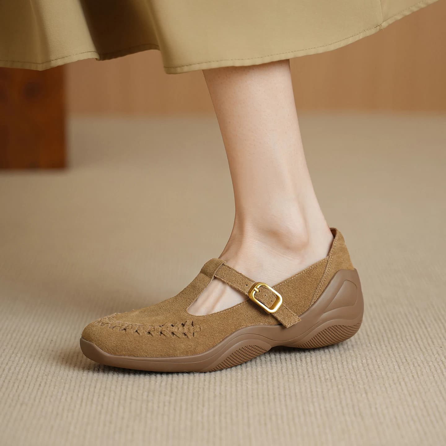 Genuine Leather Women's Sheepskin Suede T-strap Shoes Fashion Soft Comfortable Autumn Casual Shoes Women Sandals Size 34-40