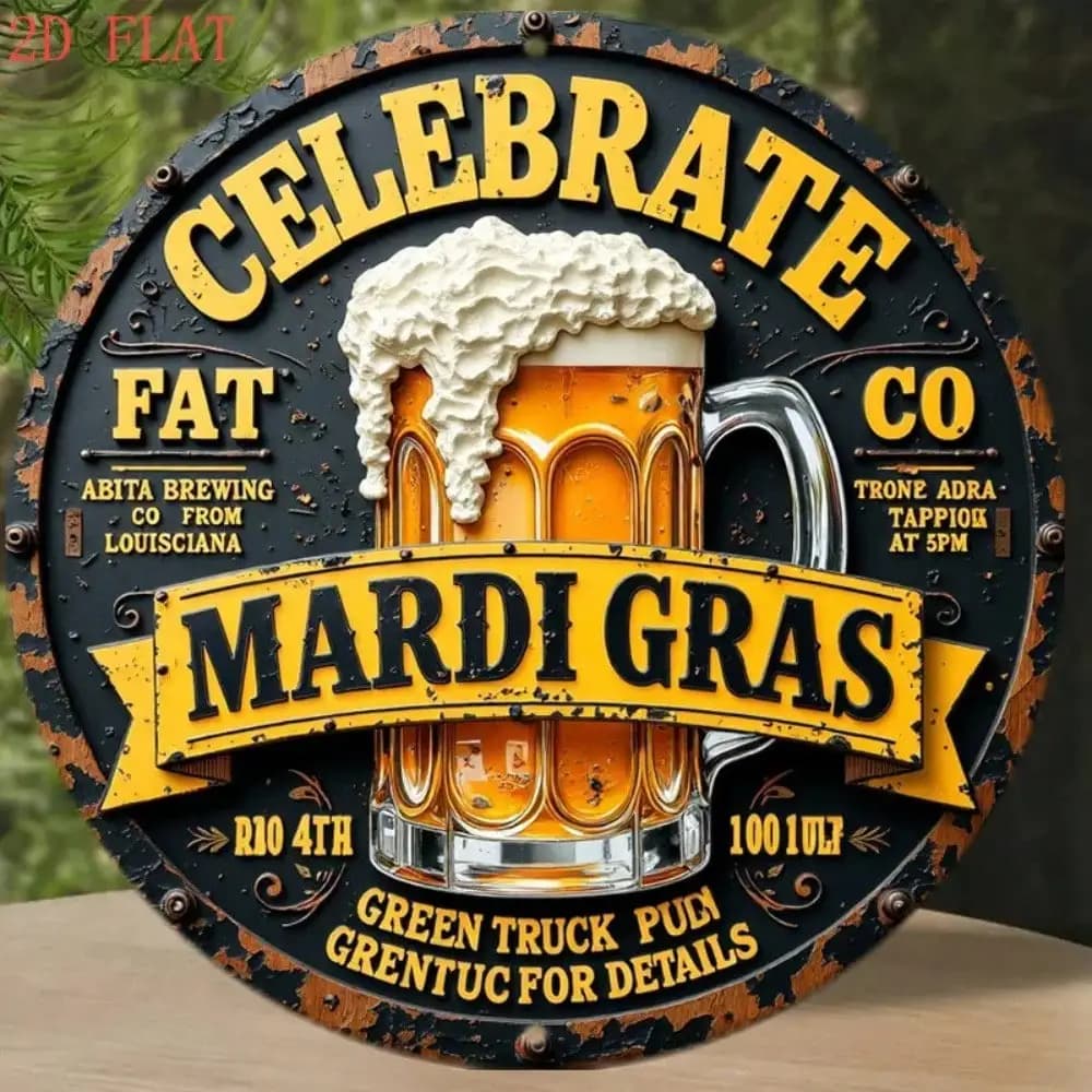 Decorazione da Parete per Mardi Gras, Targa in Metallo 8x8 Pollici, Design con Boccale di Birra per Pub, Man Cave, Bar