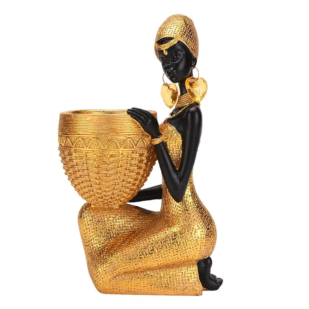 Spedizione Gratuita - Vassoio Portaoggetti Statua Africana in Resina, Figurina Artistica Tribale Nera e Oro, Vassoio per Caramelle, Gioielli, Anelli, Telefono, Casa
