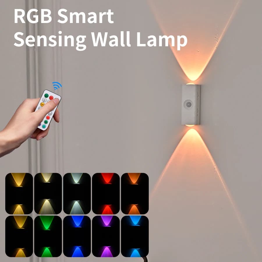 Lampada da Parete LED a Doppia Testa con Sensore di Movimento, Luce Notturna RGB a 3 Colori, Faretto Magnetico Ricaricabile con Telecomando per Camera da Letto e Armadio