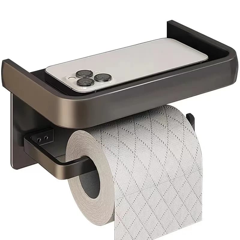 Black Multifunctional Wall‑Mounted Bathroom Toilet Paper Holder Tissue Roll Storage Shelf