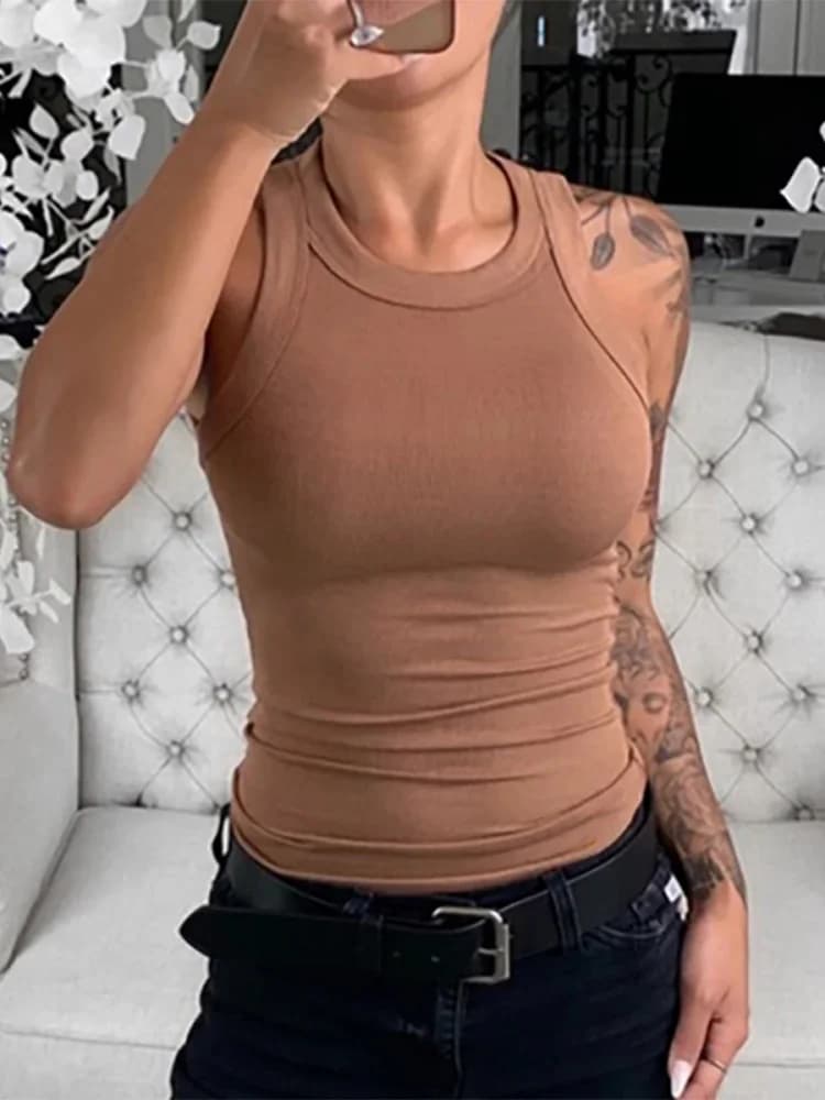 Women's Ribbed Ribbon Crew Neckline Solid Color Canotta Women's Summer Basic Elastic Canotta With Rocket O Canotta Solid