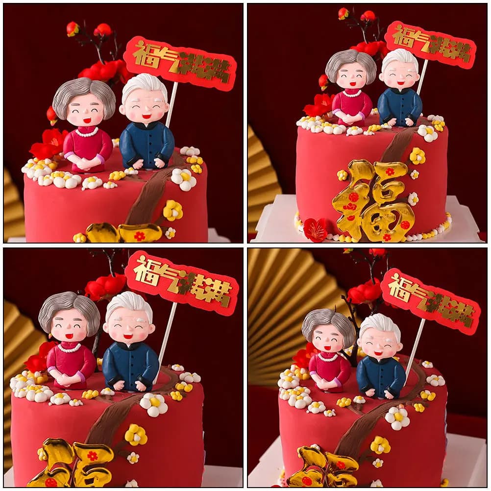 2 Pezzi Topper Decorativi per Torta di Compleanno a Forma di Cartone Animato, in Argilla Polimerica Alimentare, a Tema Anziani, Dorati, per Feste di Matrimonio