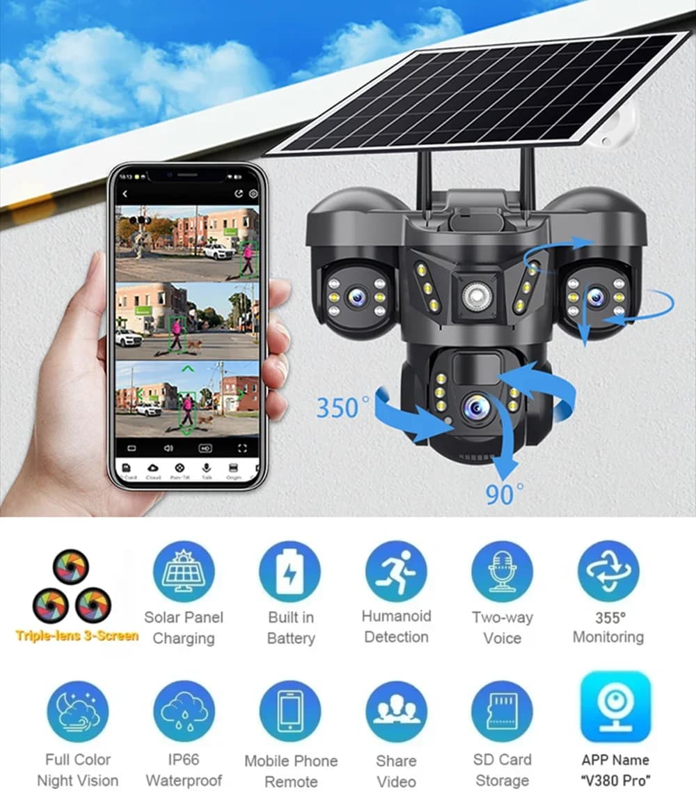 15MP Tre lenti Tre schermi V380 Pro 4G Telecamera solare Zoom 10x Monitor Visione notturna Protezione di sicurezza Video sorveglianza PTZ