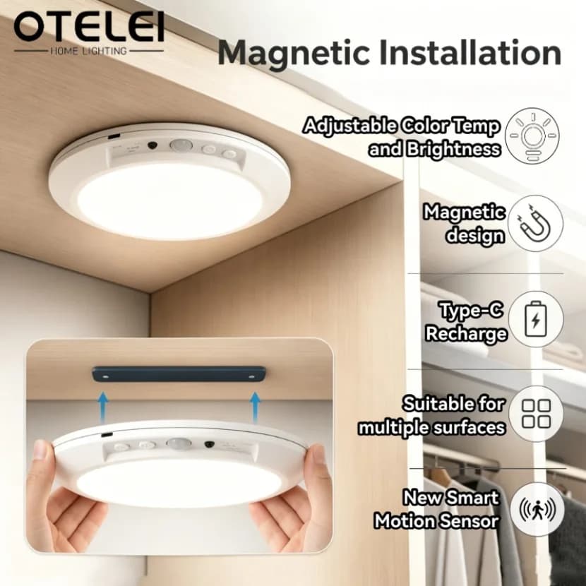 LED Rechargeable Motion Sensor Ceiling Light Magnetic Mount 3CCT Dimmable Night Lamp for Closet Hallway Stairs Bedroom Wardrobe
