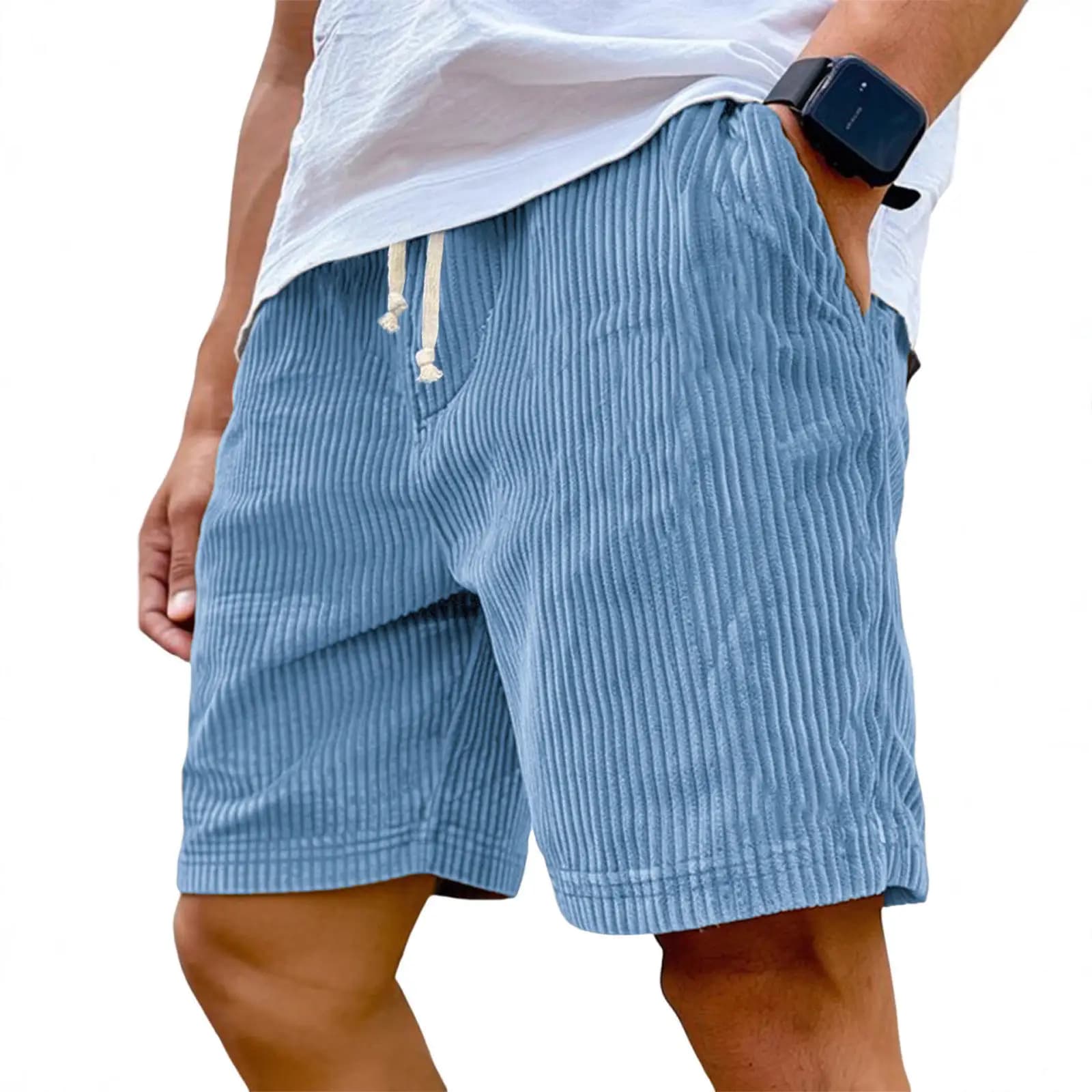 Nuovi pantaloncini da uomo in velluto, larghi, a tinta unita, con cintura e orlo, spessi, a righe, modello Lampshade
