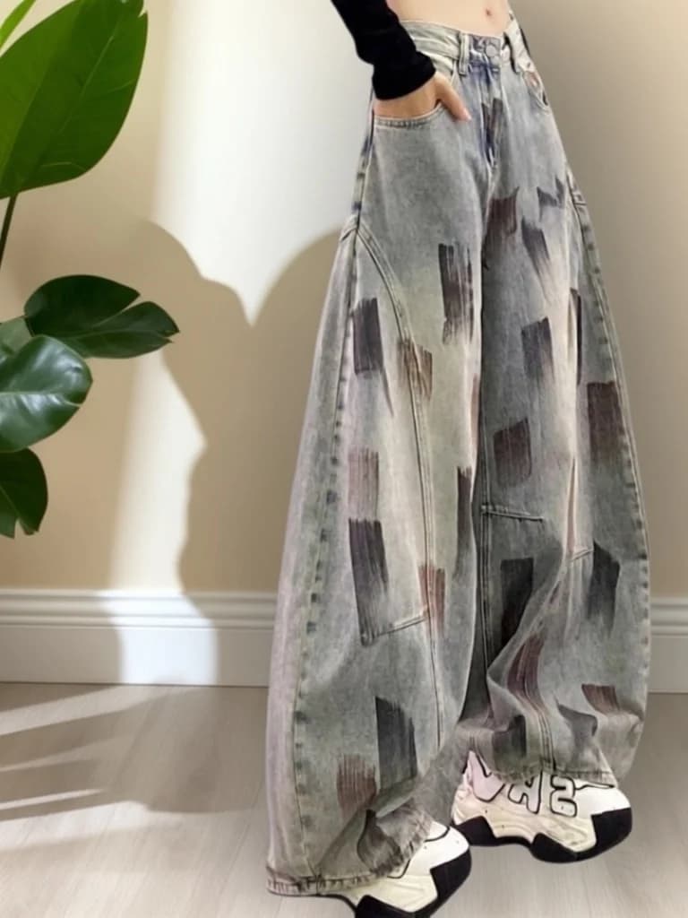 Jeans Primaverili Vintage con Stampa Dipinta e Inserti, Gamba Larga, Vita Alta, Stile Casual, per Donna Adulta, Sensazione Premium, Alla Moda