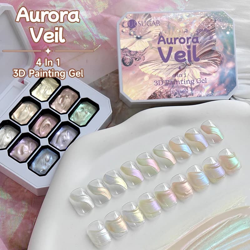 UR SUGAR Palette Gel 3D 4 in 1 con Texture Aurora a 9 Colori per Nail Art, Design a Rilievo, Sfumature e Stamping, UV/LED Soak Off
