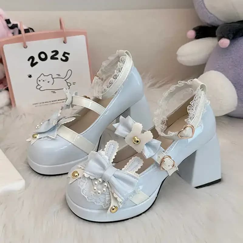 Fashion Platform Mary Janes Shoes for Women Sweet Lolita Bow High Heels Preppy Style Student Cute Lace Ankle Strap Pumps Tacones