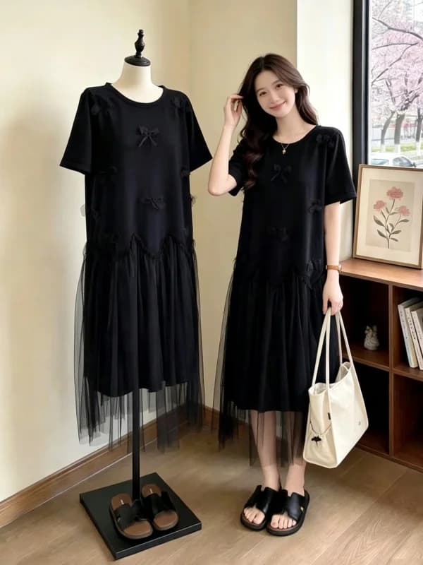 Elegant Black Knot Short Sleeve Dress Summer New plus Size Women's Mesh Hem T-Shirt Dress High Waist A-Line Korean ...