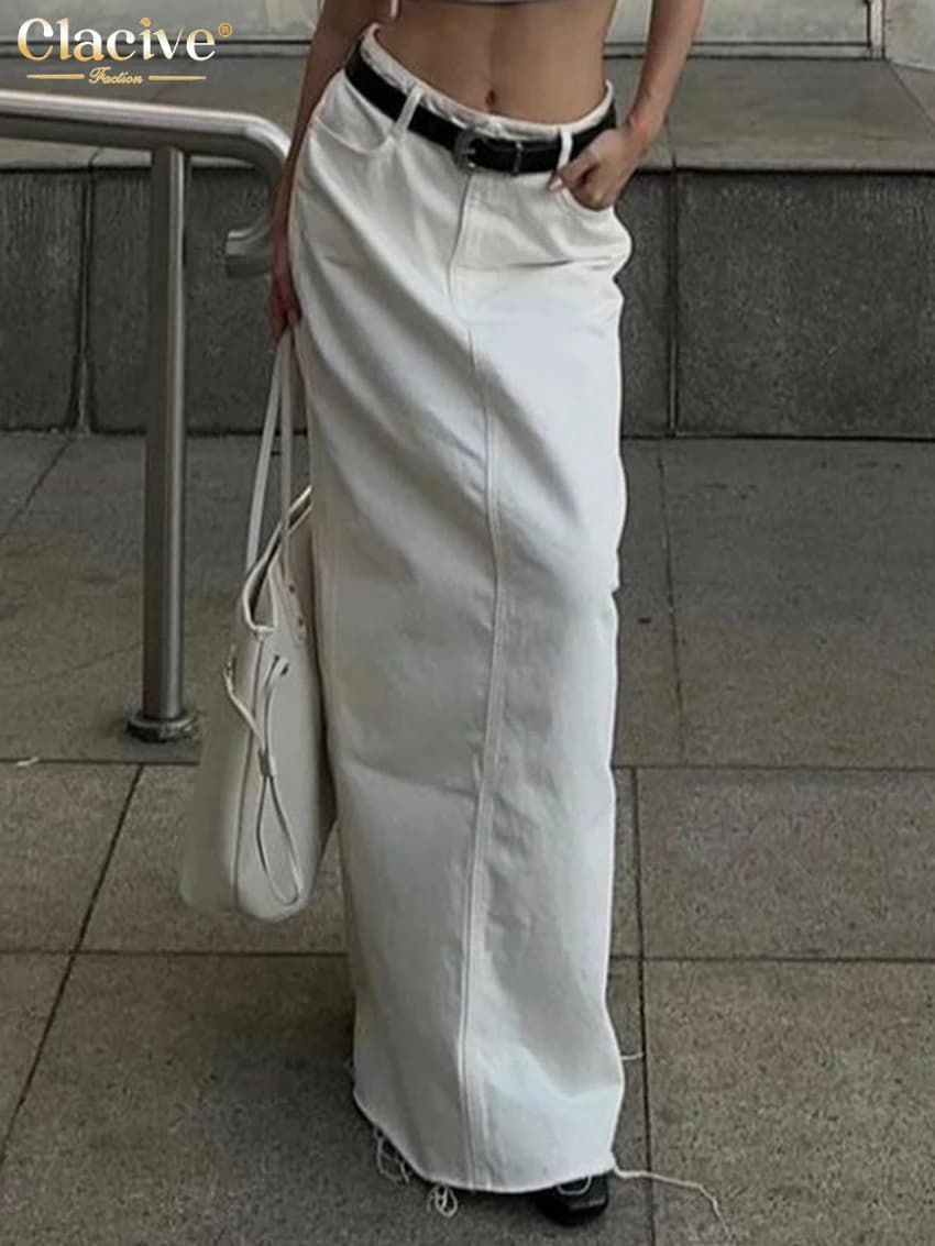 Clacive Moda Gonne di jeans beige allentate per le donne 2025 Gonna lunga casual a vita alta Elegante gonna classica solida Abbigliamento femminile