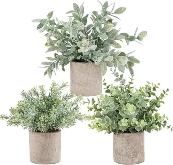 Set di 3 Mini Piante Artificiali in Vaso, Eucalipto Finto in Plastica, Topiari per Casa e Ufficio