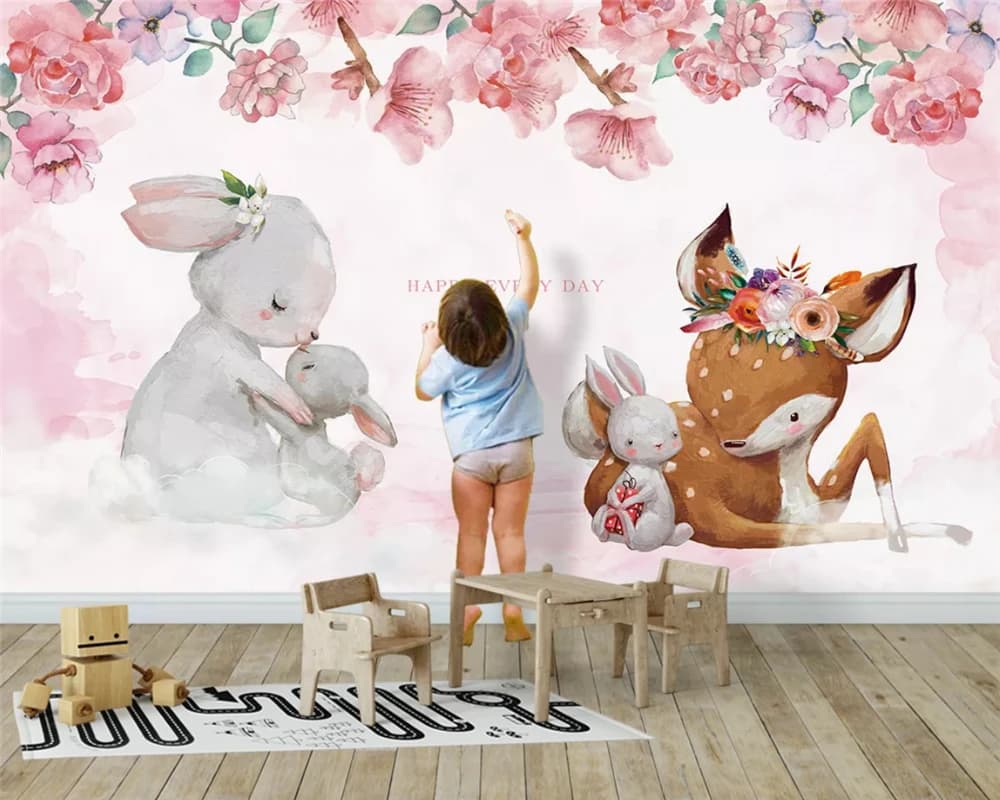 personalizzato 3d cartone animato moda moderna carta da parati Nordic Alce madre bambino coniglio sfondo muro cervo camera dei bambini camera da letto fiore 8d