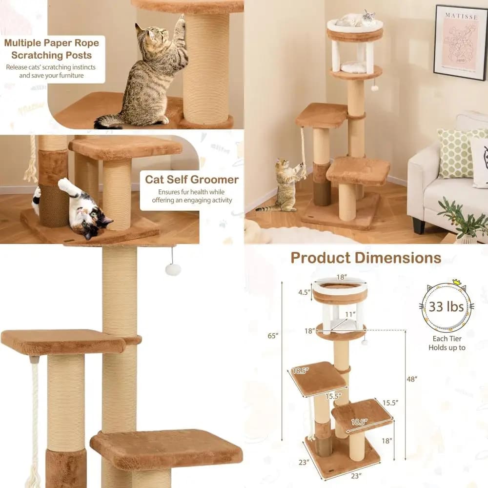 Torre per Gatti a 65 Livelli con Tiragraffi, Piattaforme in Peluche, Cuscino Rimovibile, Corda di Sisal e Pallina Sospesa per Interni