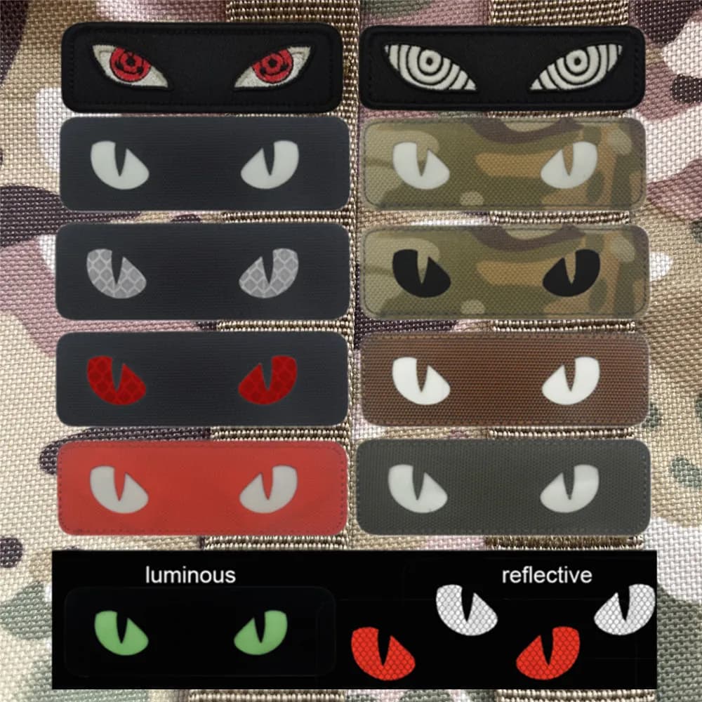 Toppe per vestiti con stemma occhi di tigre gatto con adesivo per distintivi tattici militari luminosi riflettenti con gancio e anello per zaino per cappello
