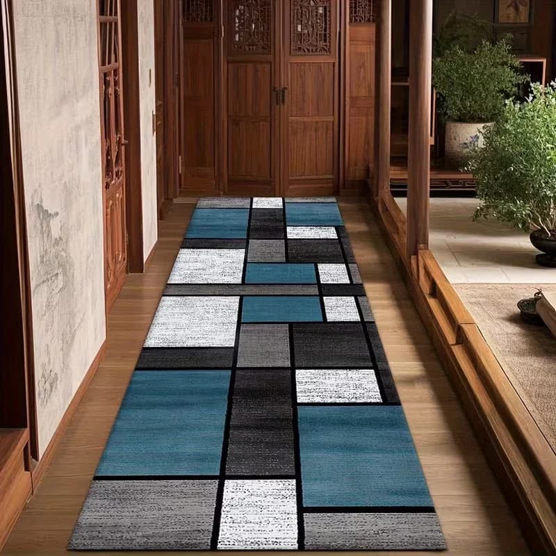 Tappeto Runner Moderno Geometrico Patchwork Antiscivolo Lungo per Corridoio Cucina, Tappeto Stile Astratto a Blocchi per Arredamento Casa