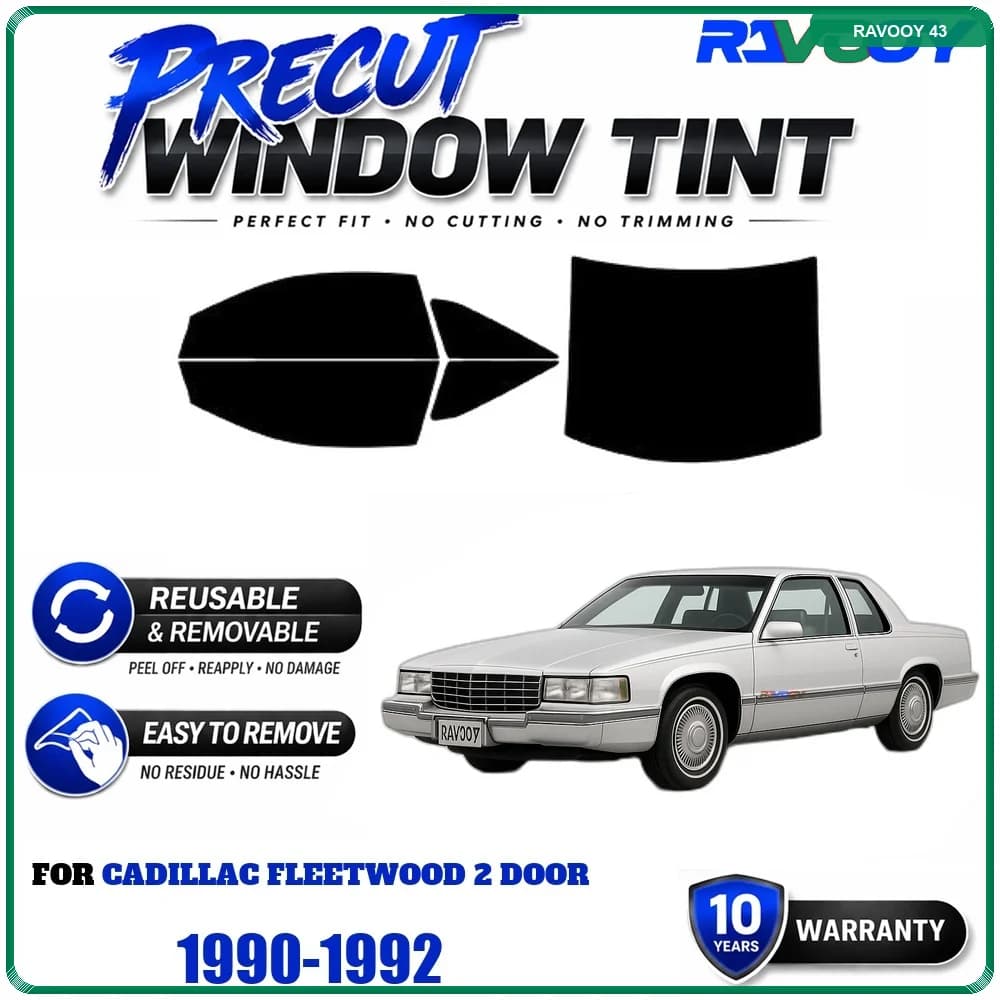 RAVOOY Precut Window Tint, Reusable Removable EPU Film, Custom Fit for Cadillac Fleetwood 2 Door 1990-1992, UV Heat Protection