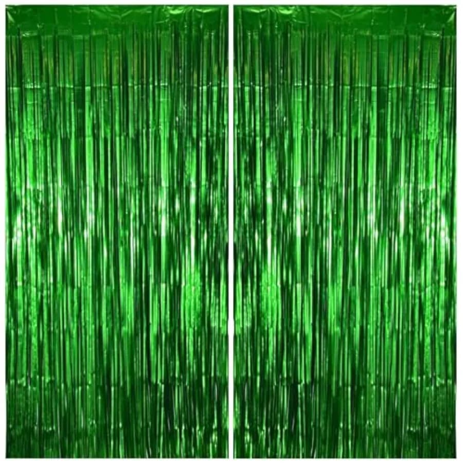 2 Pack Grass Green Party Decorations, Matte Foil Fringe Curtain Backdrop for Birthday, ST Patrick's and Dinosaur, Graduation Ph