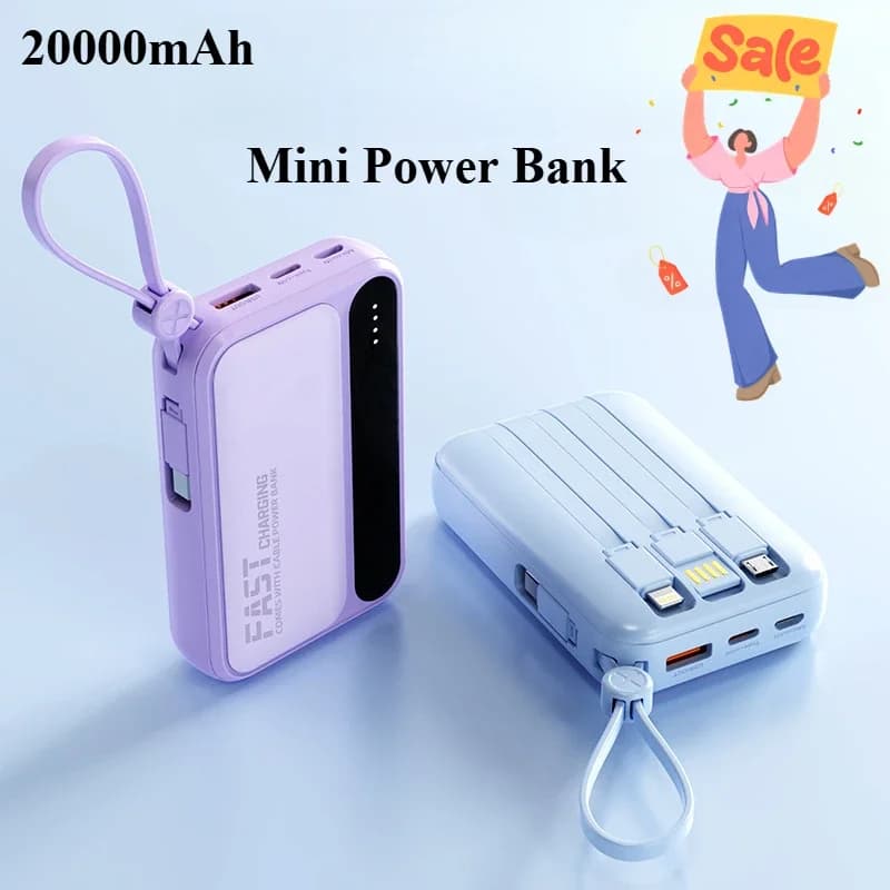 Power Bank Portatile da 20000mAh con Ricarica Rapida a 4 Fili, Batteria Esterna per iPhone, Xiaomi, Samsung