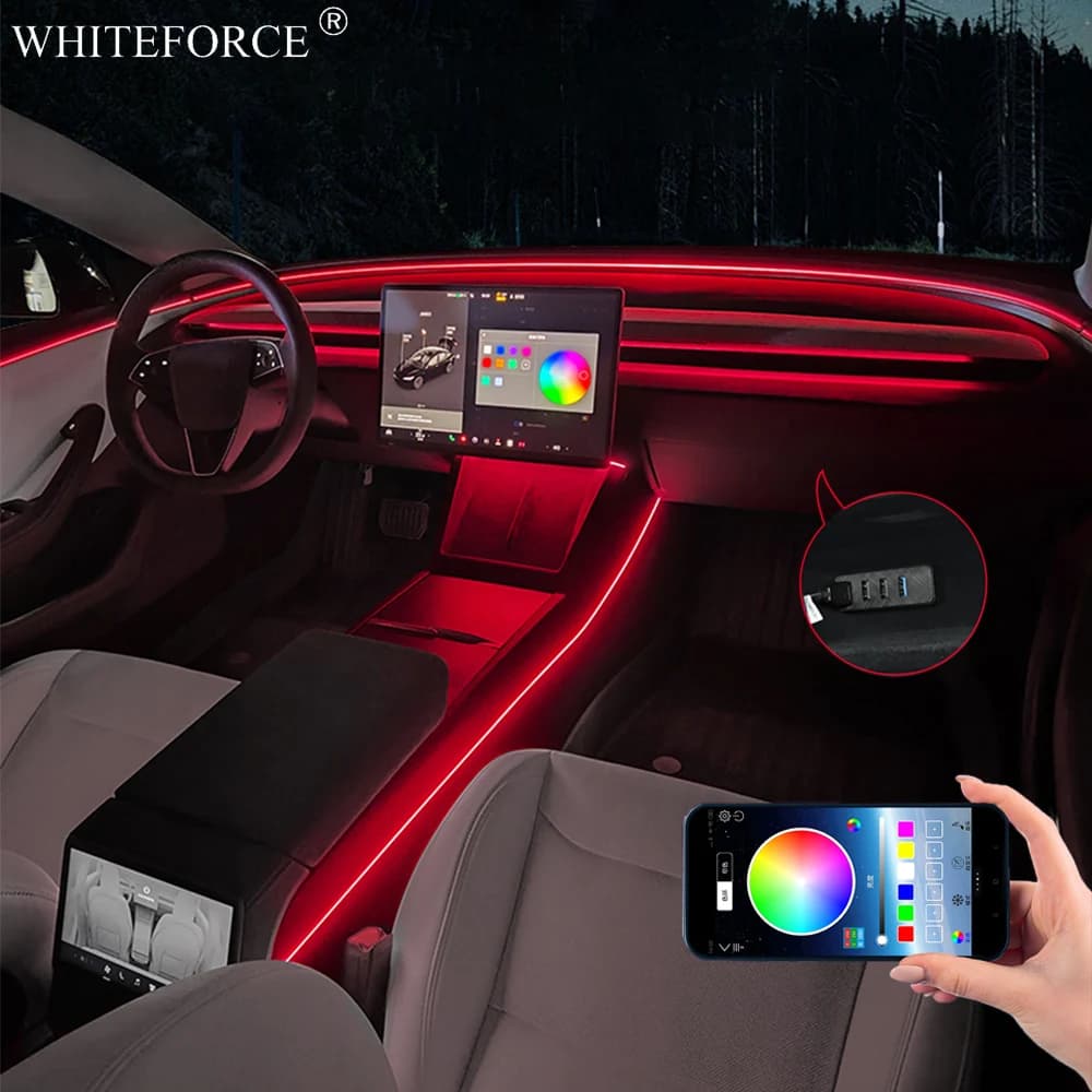 Per Tesla Model Y Juniper LED Interni RGB Streamer Lampada d'atmosfera USB APP Controllo remoto Modello 3 Luci ambientali per auto delle Highland