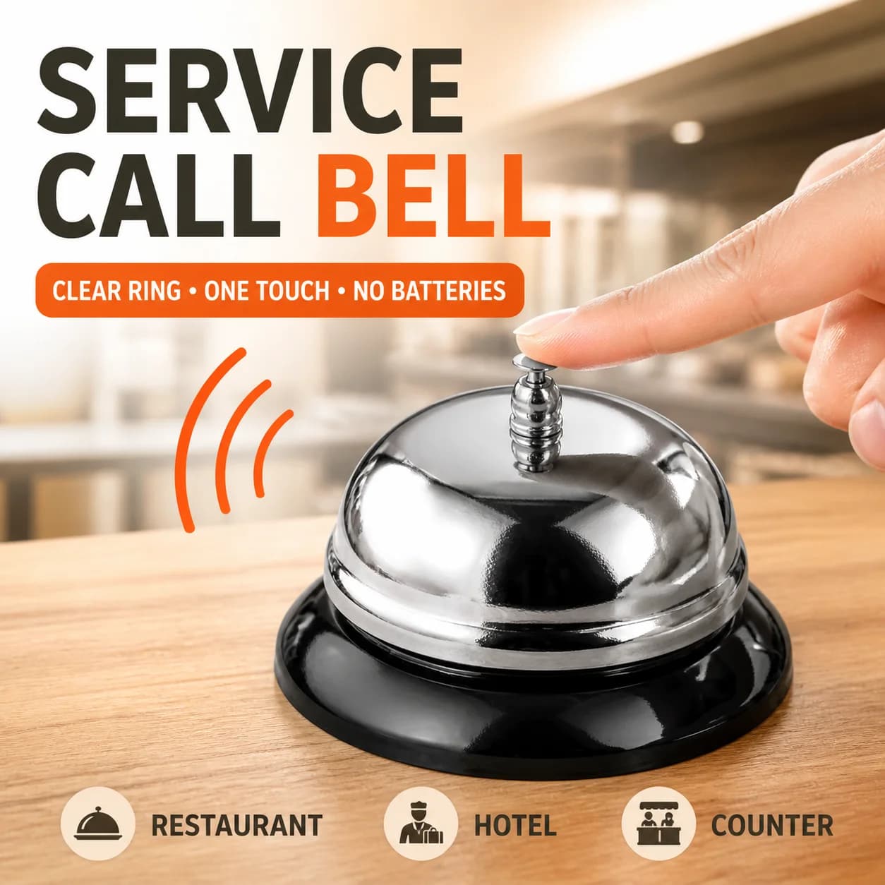 Service Call Bell Counter Desk Bell Clear Loud Ring No Battery for Restaurant Kitchen Hotel Reception Cafe Shop Front Desk