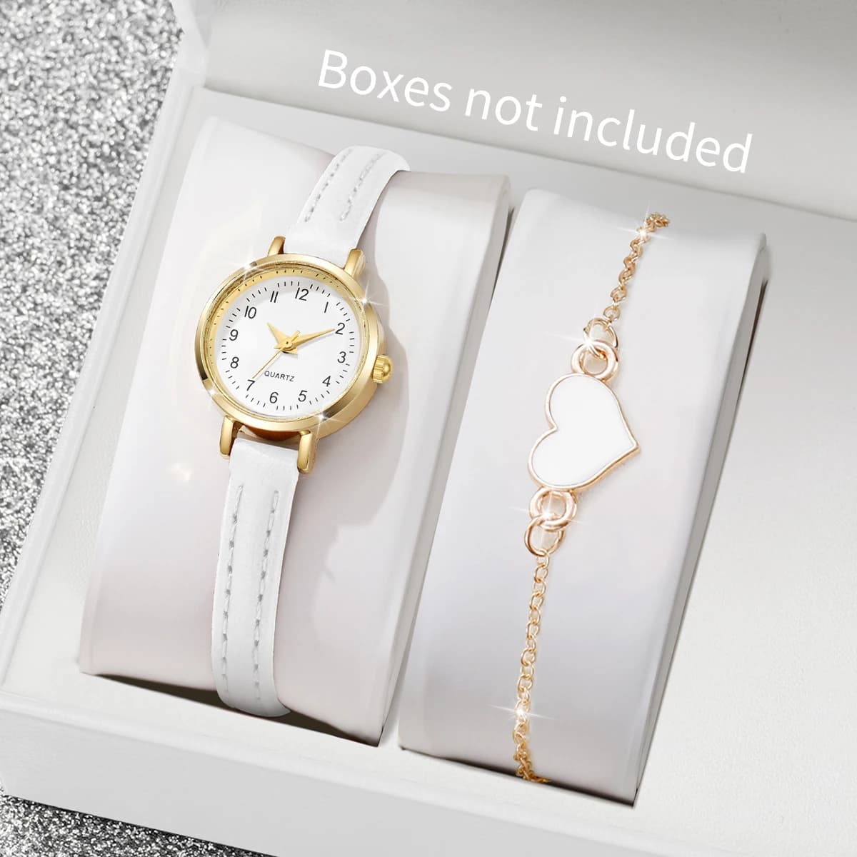 2PCS Orologi da donna alla moda con cinturino in pelle, set di braccialetti con cuore, orologio da polso casual con quadrante arabo piccolo, Reloj Mujer (senza scatola)