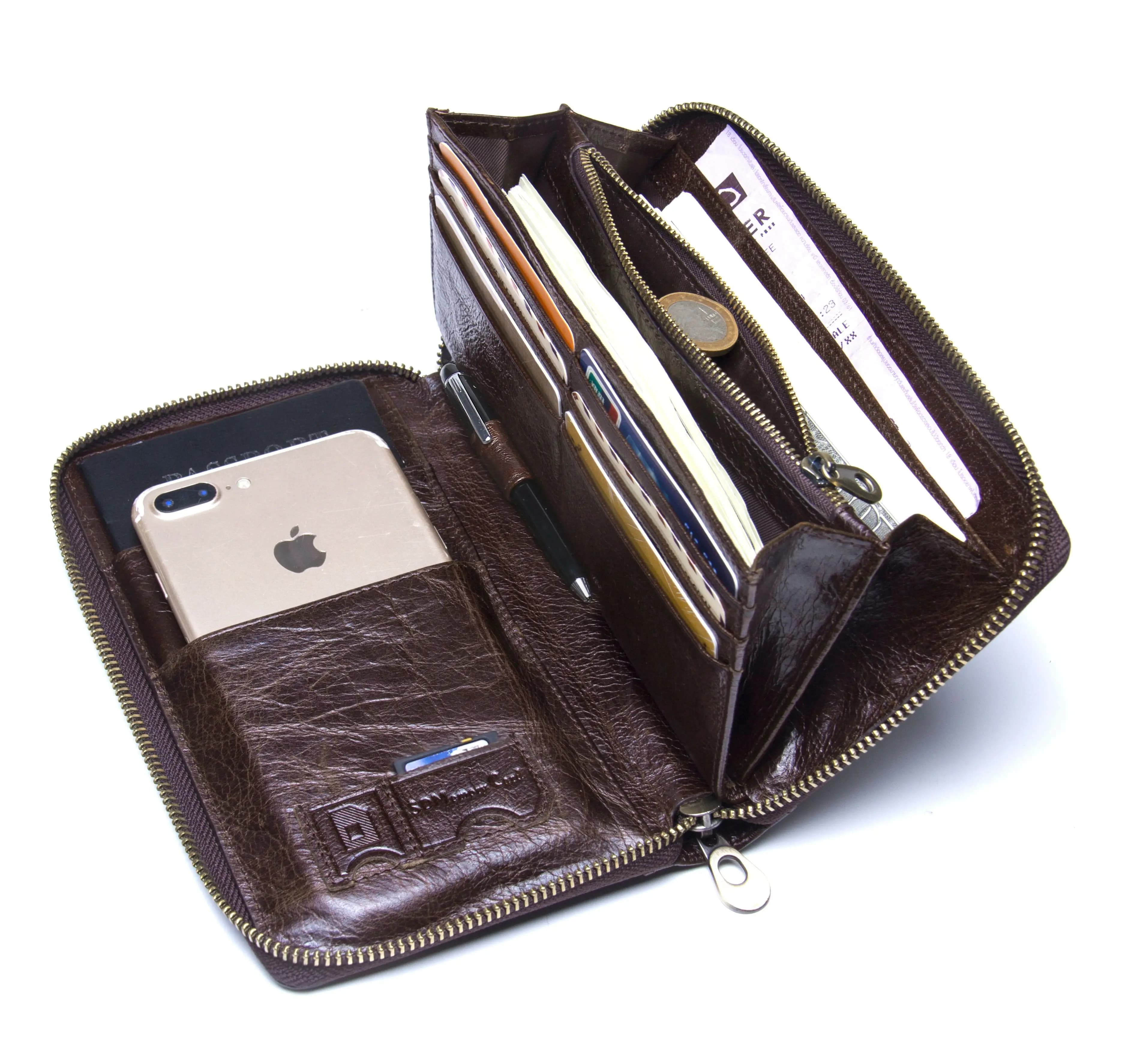 Contact's Genuine Cow Leather Men Long Clutch Wallet Multicard Holder Zipper Purse Passport Phone Bag Male Casual Large Wallet