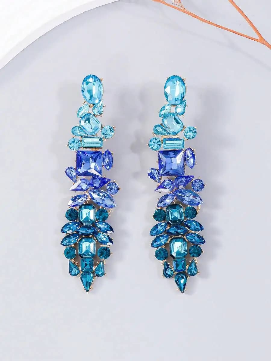 Luxurious Exaggerated Glass Rhinestone Drop Earrings Gradient Blue For Women Party Wedding Banquet
