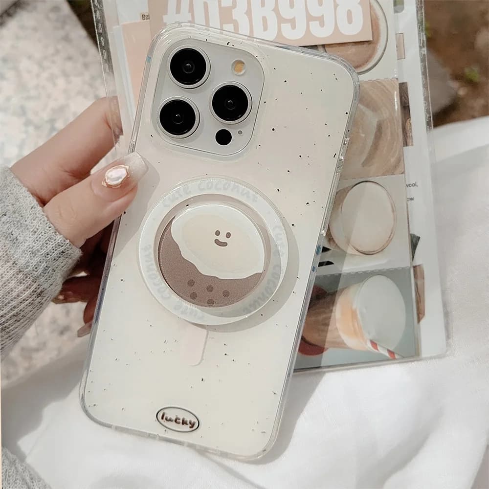 Korean Cartoon Coconut Egg Magnetic Bracket Phone Case for iPhone 17 Air 16 13 15 12 14 Pro Max Shockproof Protective Soft Cover