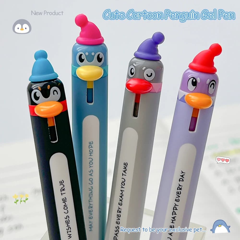 Confezione da 4 penne gel simpatico cartone animato pinguino da 0,5 mm divertenti penne ad asciugatura rapida