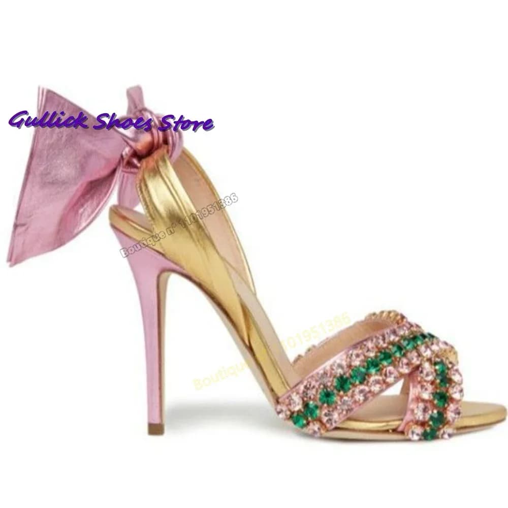 Chic Bowknot Sandali con strass lucidi Punta aperta Tacco alto a spillo Estate Sweetbaby Slip On Scarpe da donna per appuntamenti