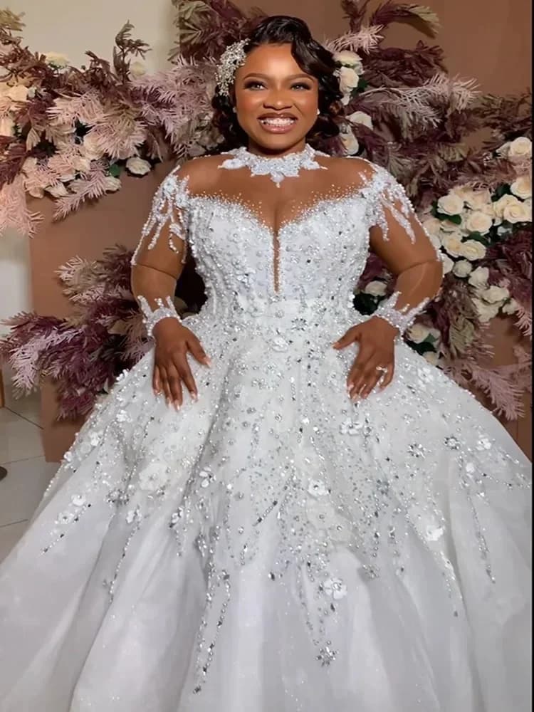 Abito da Sposa Personalizzato Flavinke con Cristalli e Perline, Vestito Lungo con Collo Alto e Maniche Lunghe, Taglie Plus