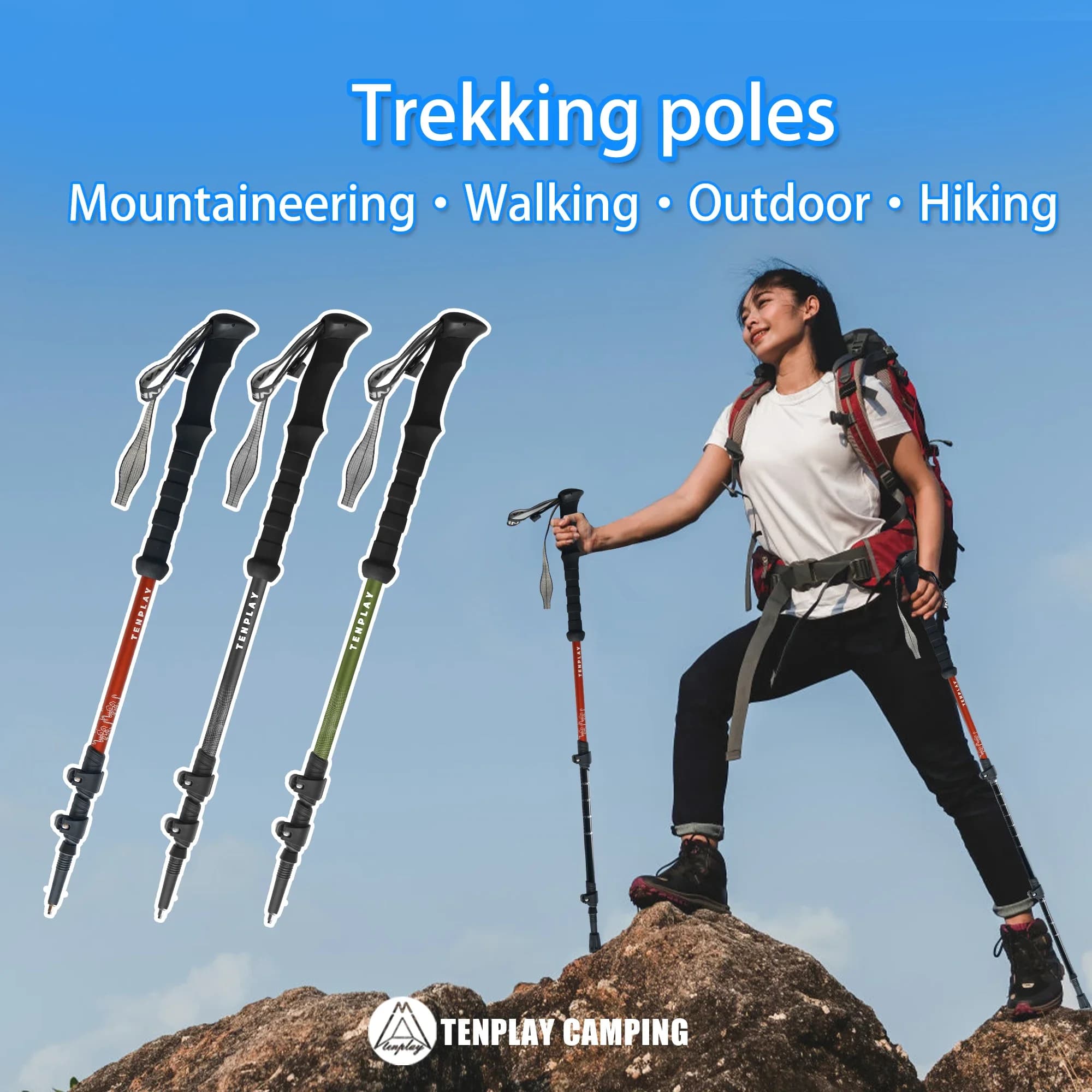 Trekking poles TENPLAY 200 g aluminium alloy 7075, height adjustable 95-135 cm, cushions, suitable for all terrain