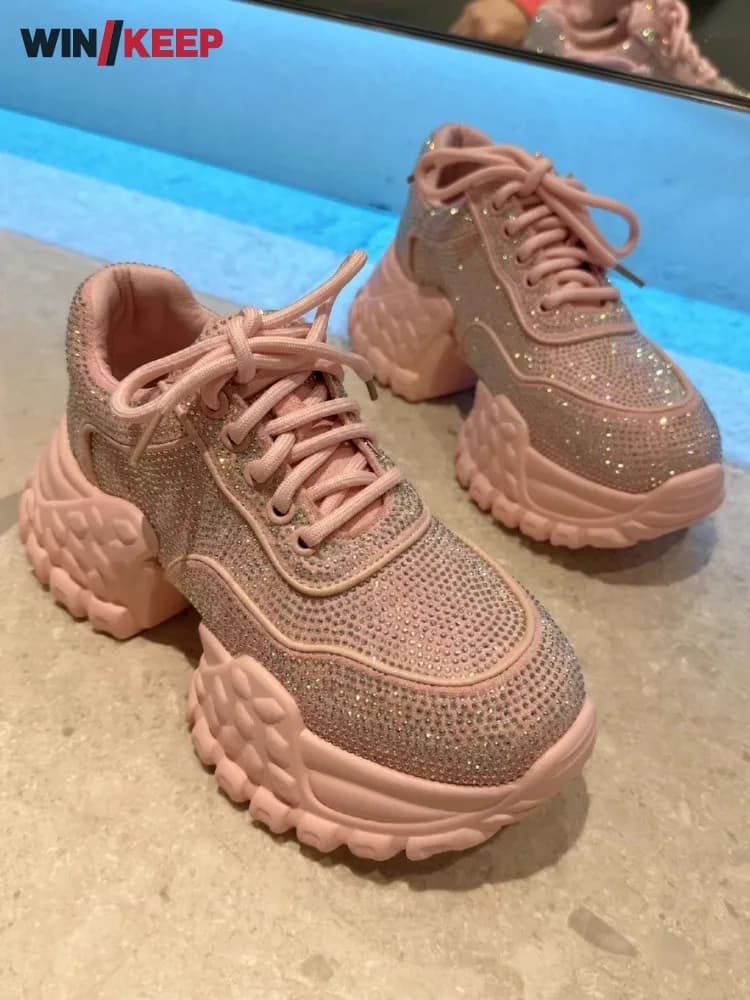 Primavera donna fondo spesso confortevole impiombato diamanti piattaforma scarpe sportive tinta unita stringate Jogger scarpe da ginnastica Running Sneakers