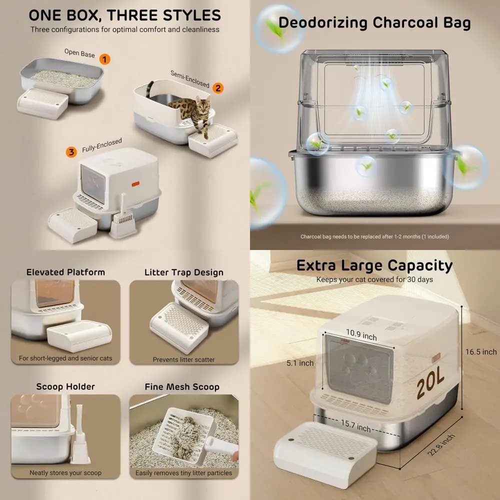 Lettiera per Gatti Grande 20L in Acciaio Inossidabile con Filtro a Carbone Attivo Anti-Odore, Design Chiuso, Include Paletta, Coperchio Facile da Pulire
