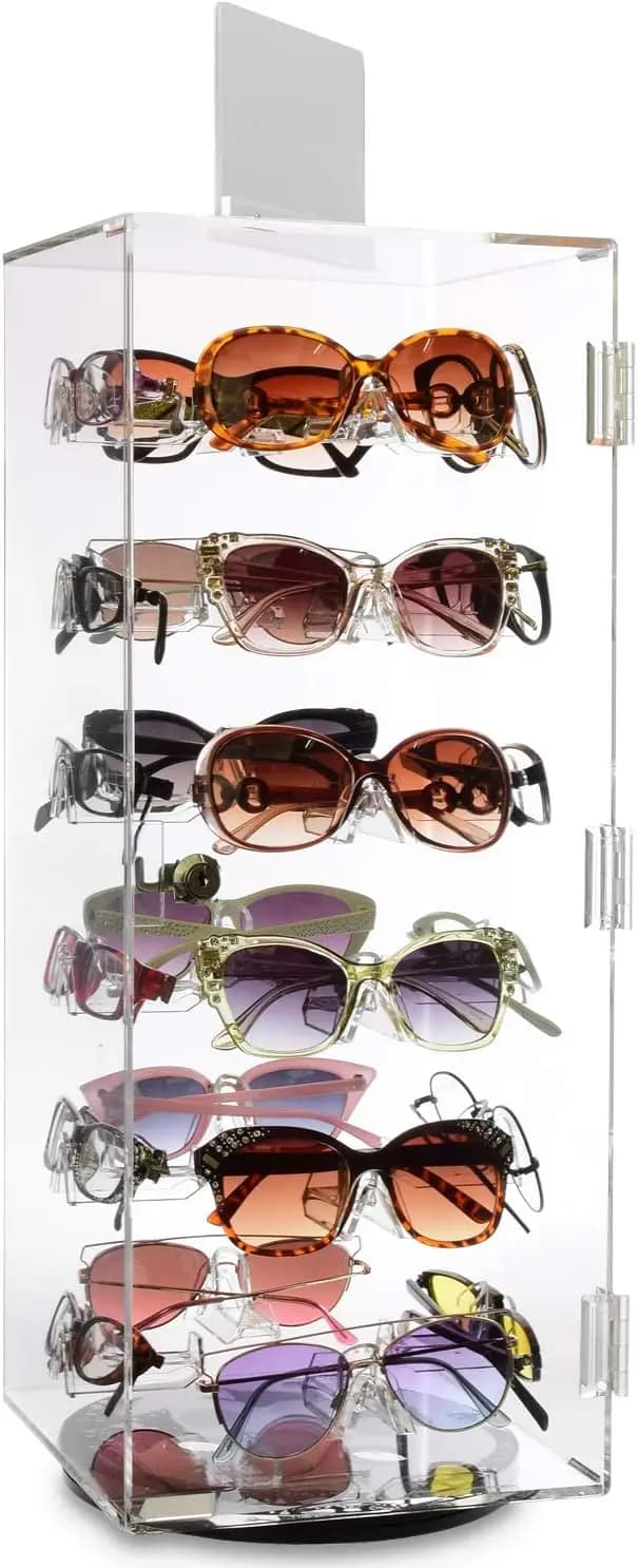 Premium Acrylic Rotating Display with Sunglass Closure, Organizer for Glasses with Mirror for 24 Mounts