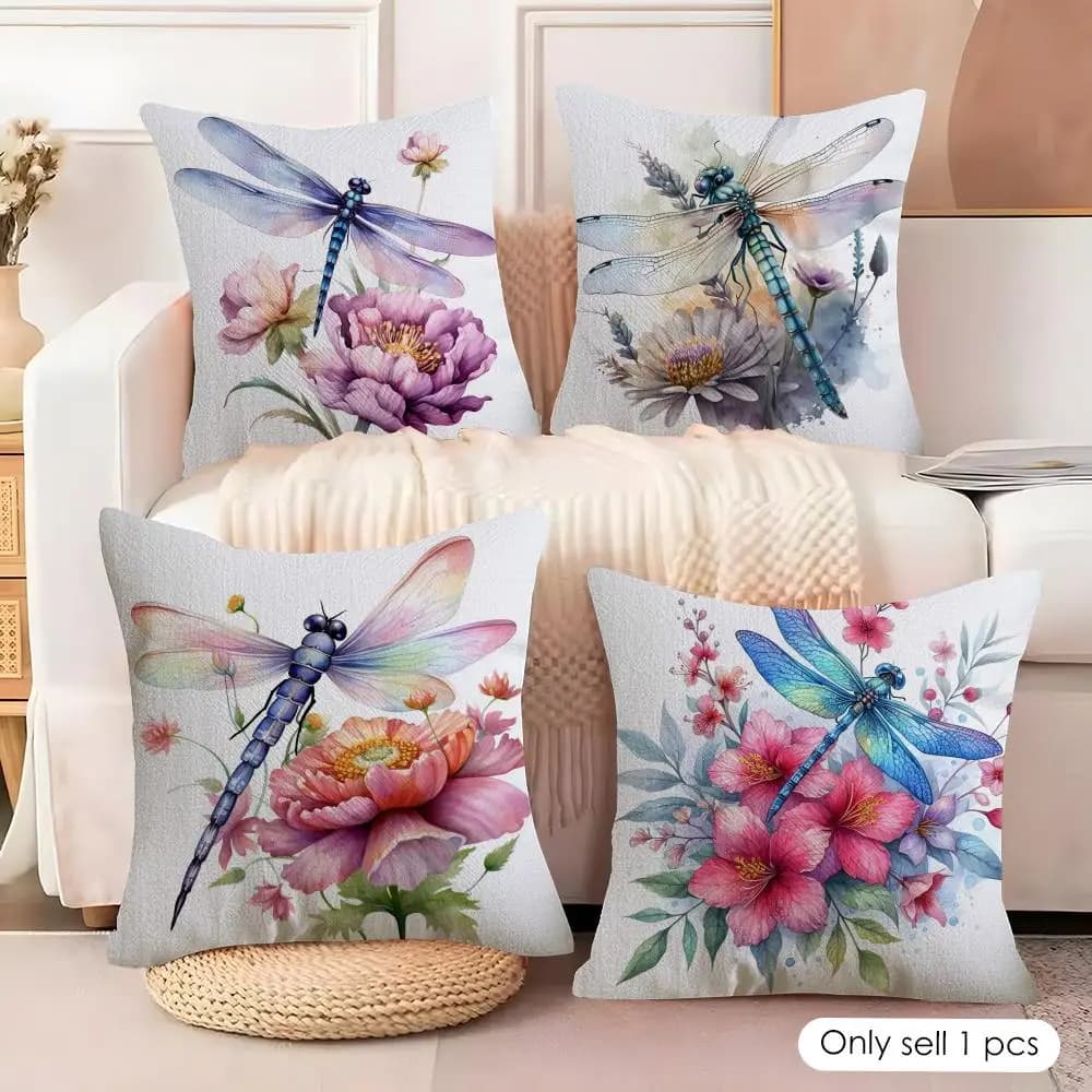 Fodera per cuscino con libellula e fiore, in lino naturale, tessuto organico, stampa fronte-retro, decorazione per divano, casa, regalo, fodera per cuscino