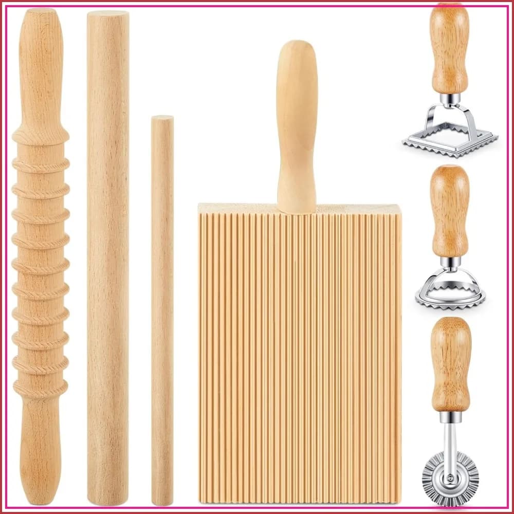 7 Pcs Handmade Pasta Ravioli Tool Set, Wood Gnocchi Board Ravioli Mold Kit for Rolling Dough, Kitchen Gift for Pasta Lovers