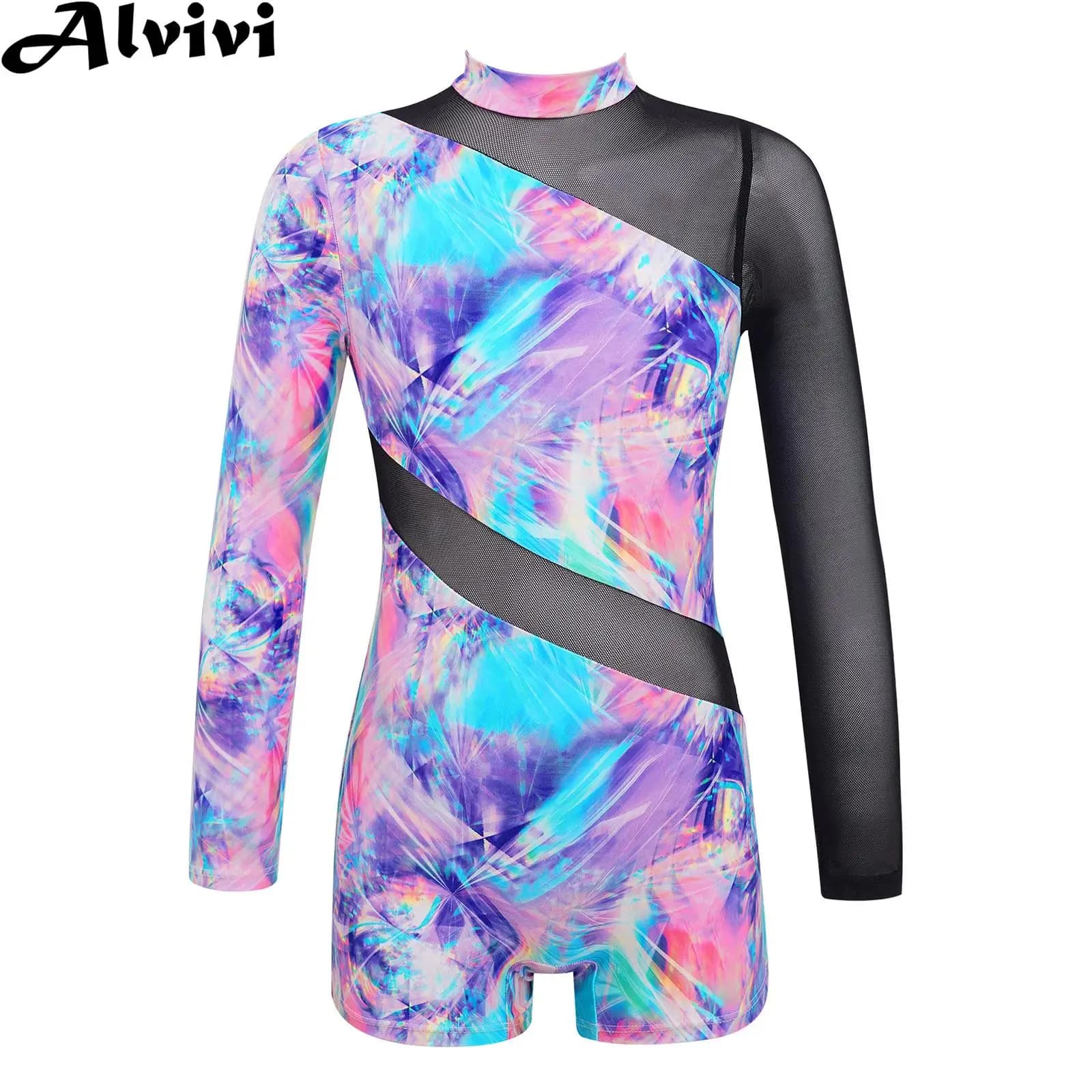 Full-size swimsuit for girl with long sleeves with zipper neck in transparent mesh patchwork dance gymnastics swimsuits swimsuits