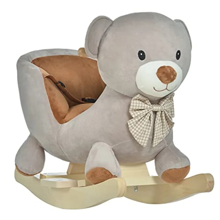 Rocking Horse, Bear-Shaped Plush Toddler Ride on Horse with Sound, Wooden Base and Safety Belt for -36 Months, Gray