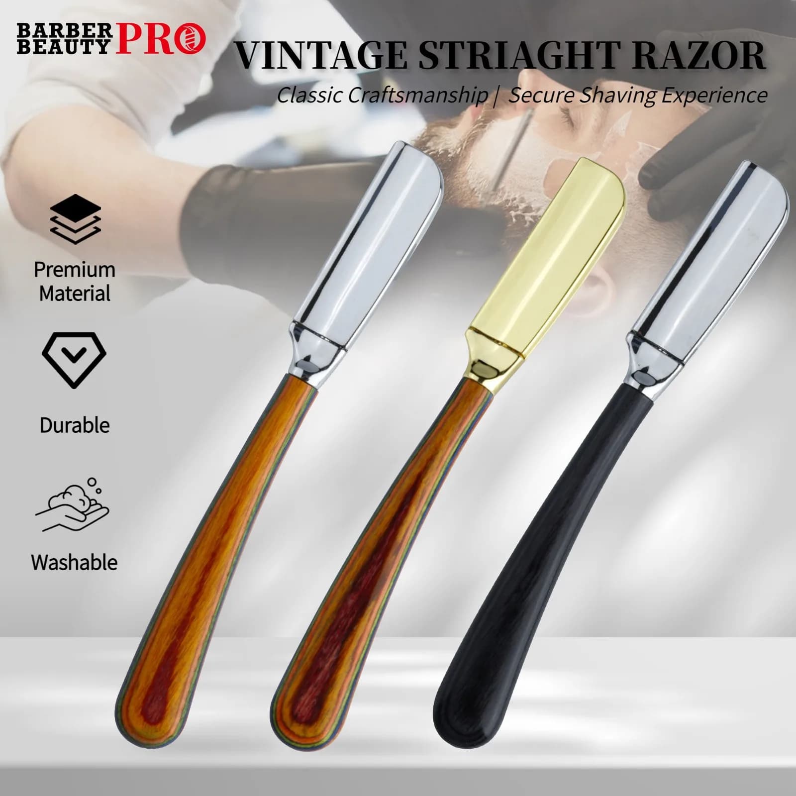 New professional beard shaver Baber with straight edge, men's hair removal tools, wooden handle, anti-slip handle for home shaving