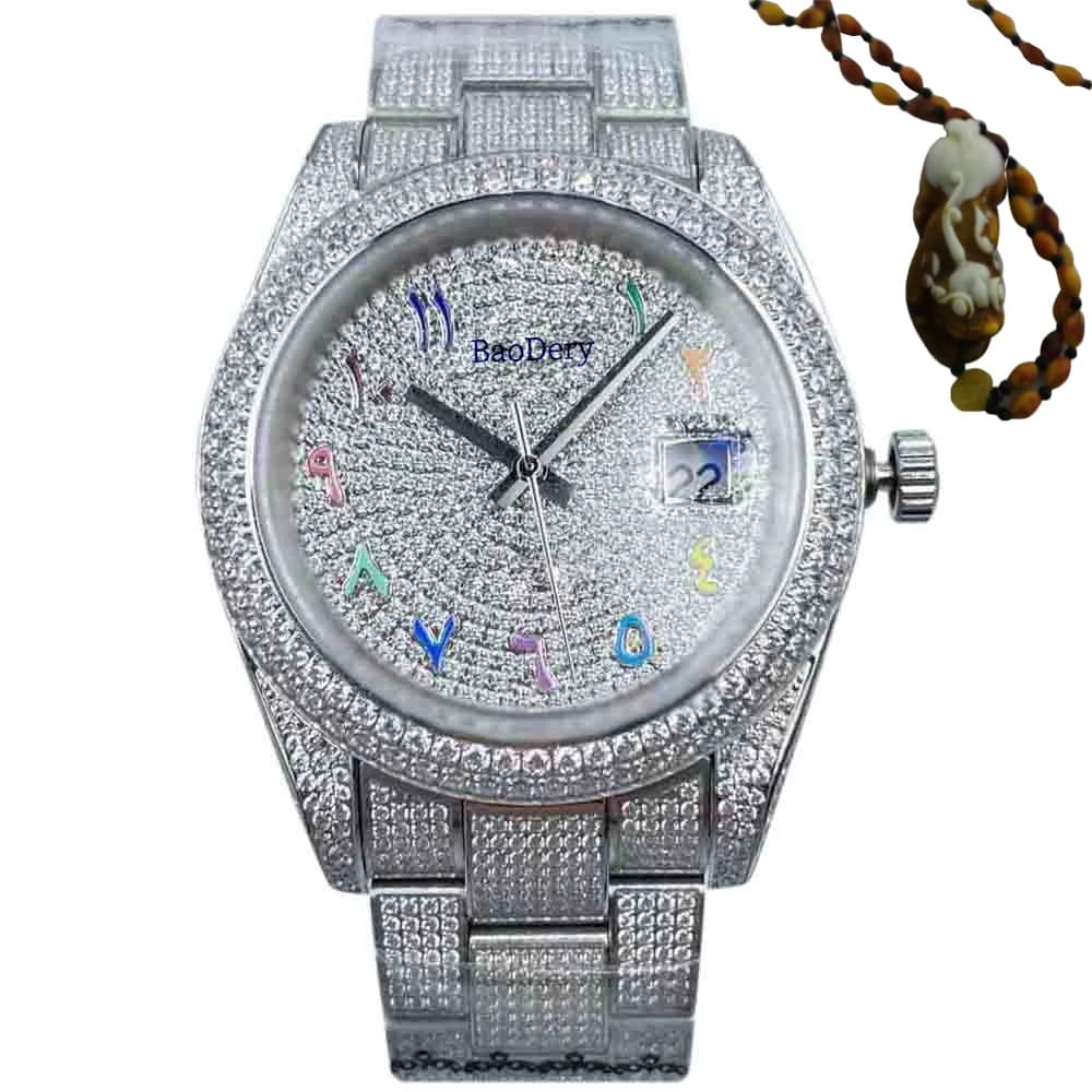 Orologio da uomo alla moda con logo personalizzato da 41 mm, numeri arabi, orologio con diamanti, movimento meccanico, il miglior regalo per uomo