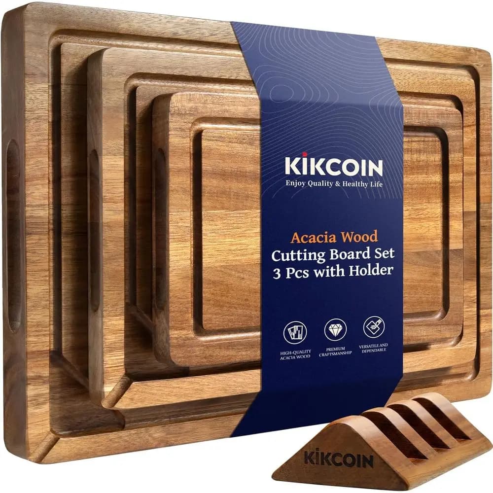 Set of 3 Knits in Wood with Support, Cutlery with Integrated Parts and Slotting for Juices, Solid Sizes for Welds and Cheeses