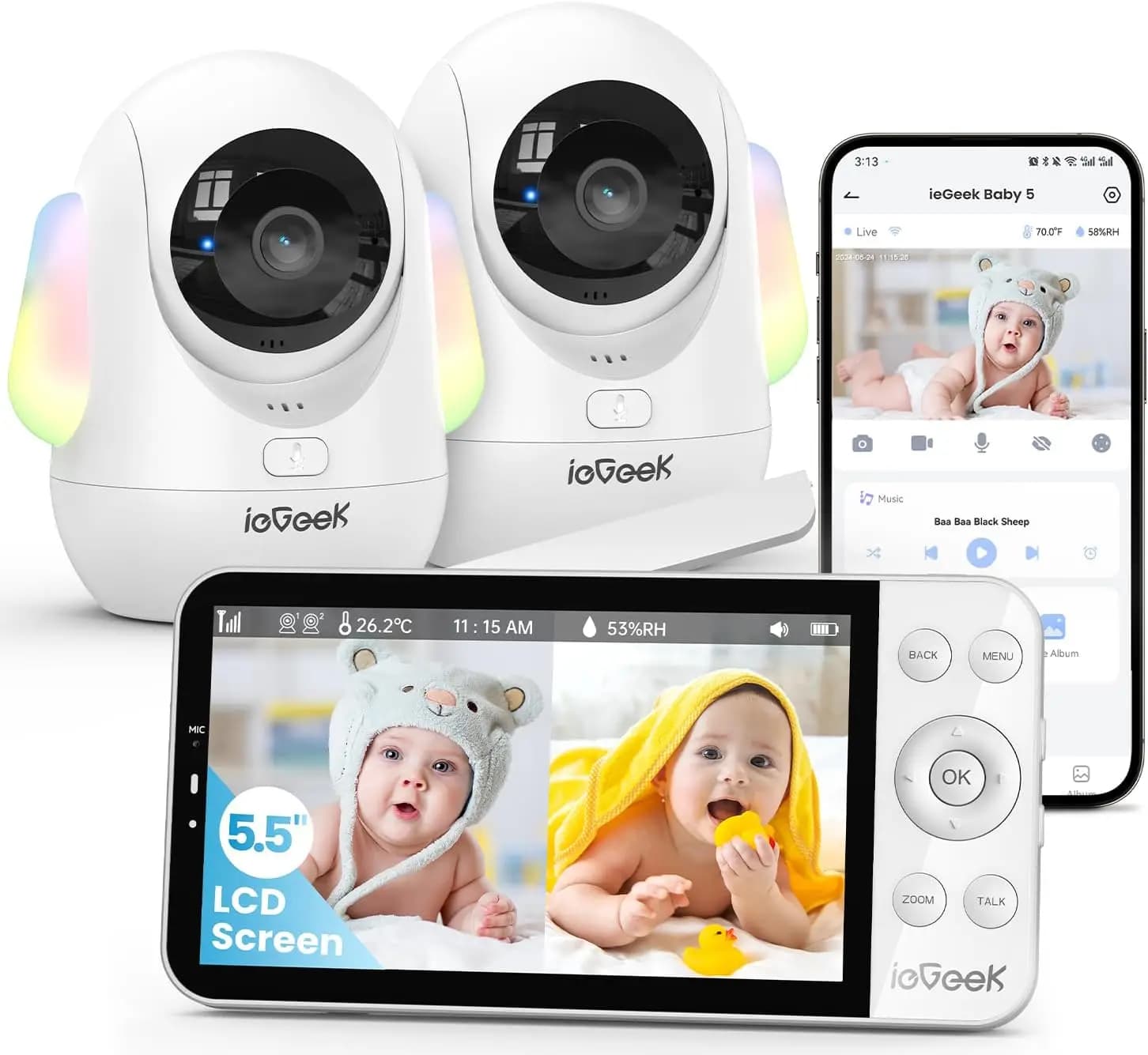 Monitor per Bambini con Schermo Diviso da 5,5'', 2 Telecamere, UHD 2.5K, Visione Notturna, Comunicazione Bidirezionale, Controllo WiFi via App, Batteria da 4000mAh