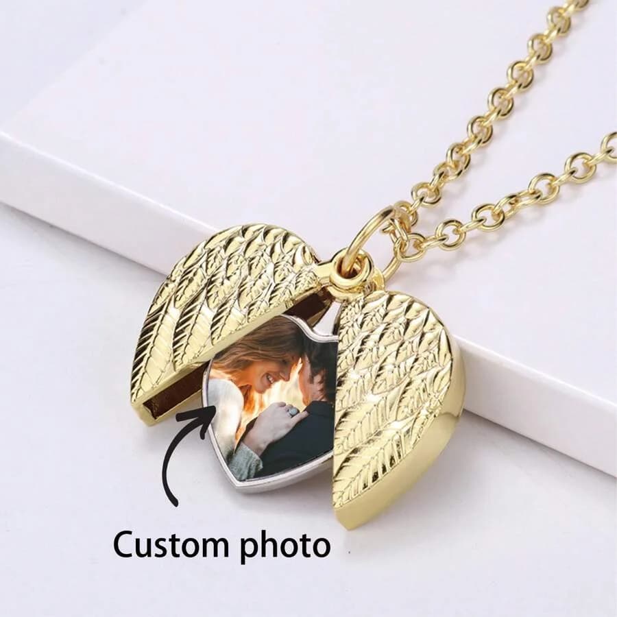 Personalized photo necklace, heart shaped pendant necklace with angel wing and custom photo, custom gift