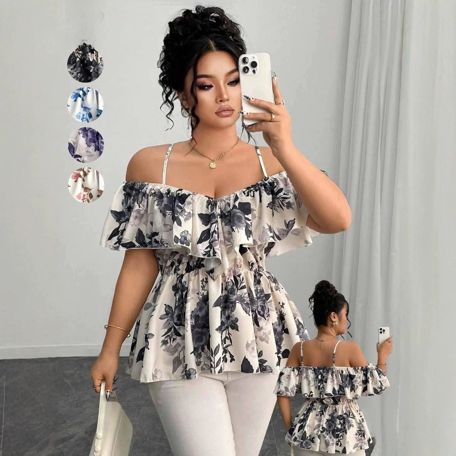 Exquisite Large Size Spring Summer Elegant Floral Print One Shoulder Pleated A-Line Shirt City Walk Short Sleeve Zipper Dress